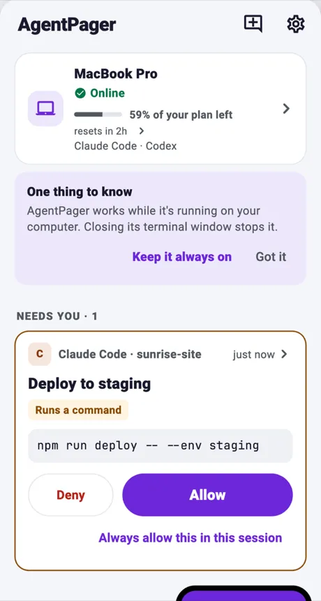 AgentPager on Android: a Claude Code request waiting for Allow or Deny