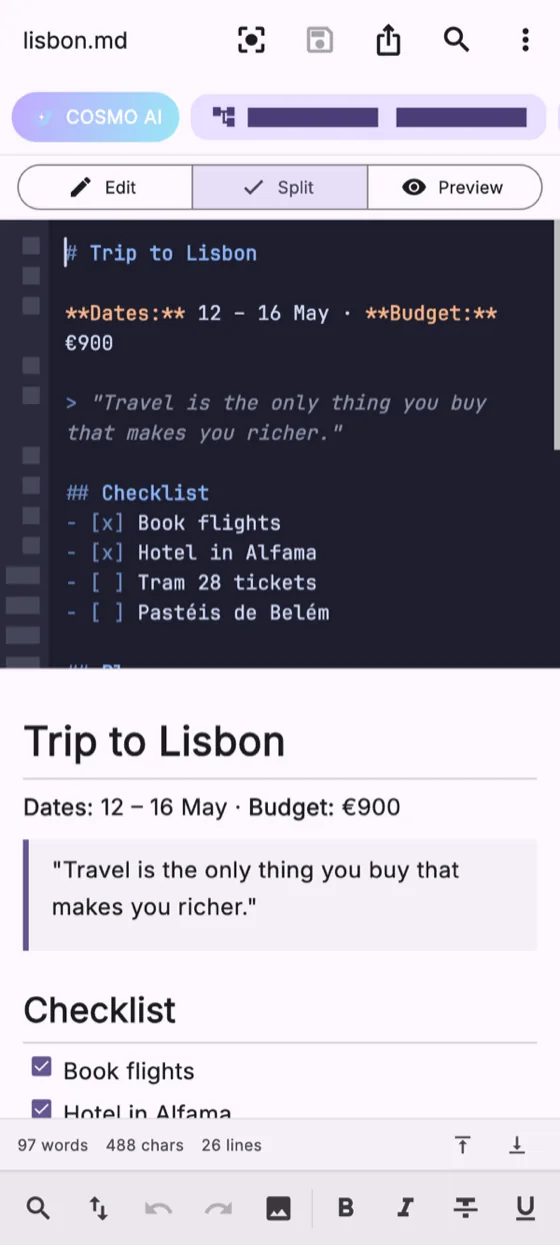 Markdown Editor on Android: a trip note in split view, Markdown source above and the preview below
