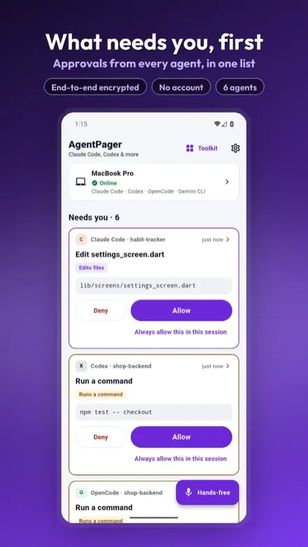 AgentPager: Claude Code & Codex on your phone screenshot