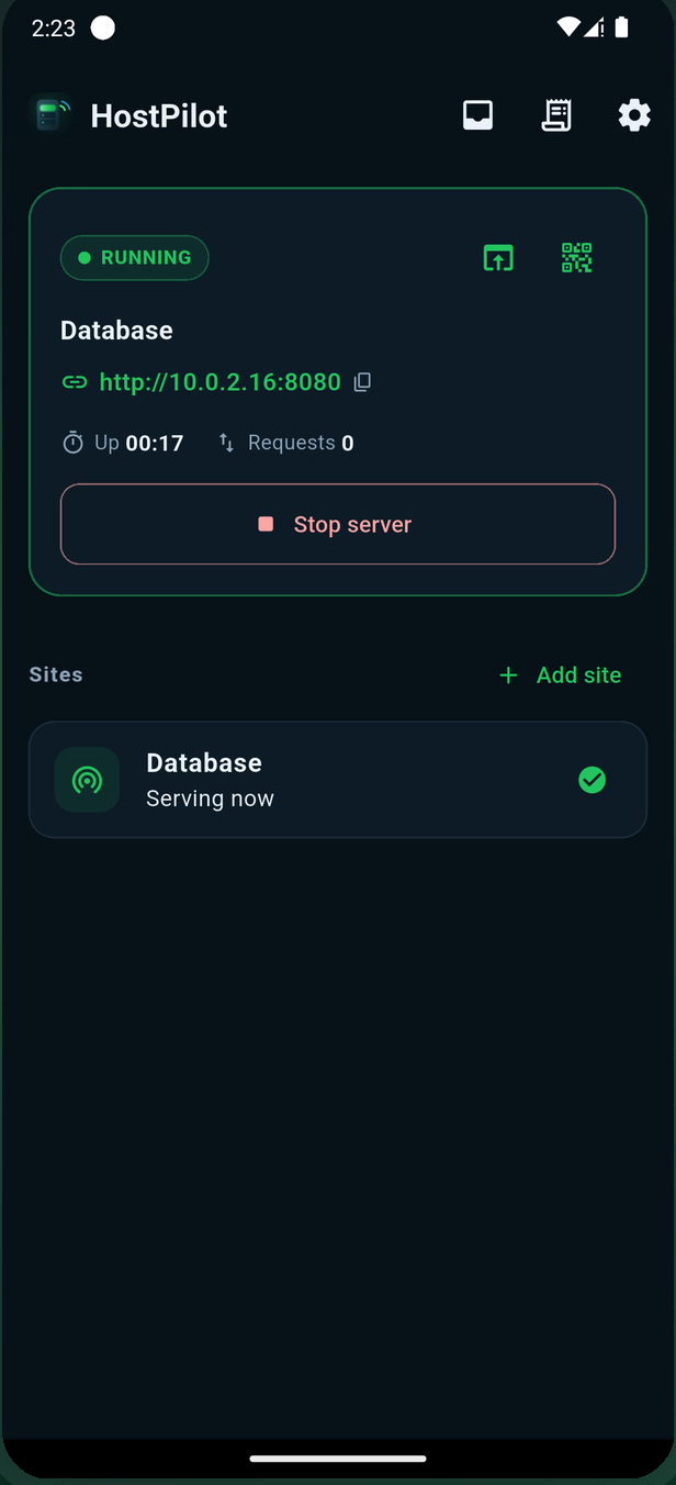 HostPilot dashboard showing a running server, its URL and a live uptime counter